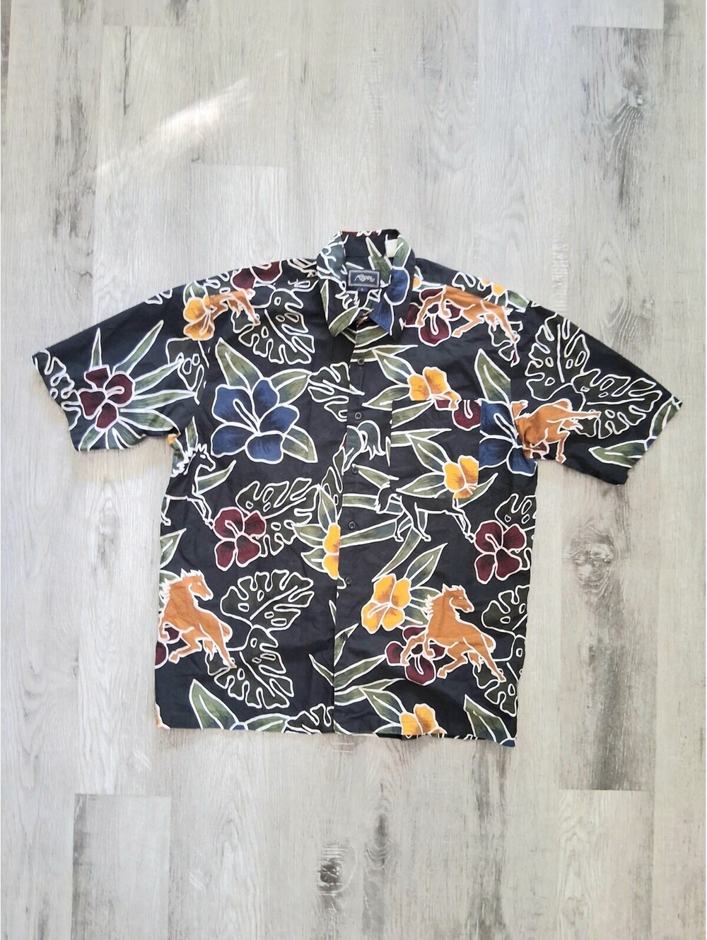 Vintage Roper Mens Lg Black Tropical Western Floral Short Sleeve Button Up Shirt